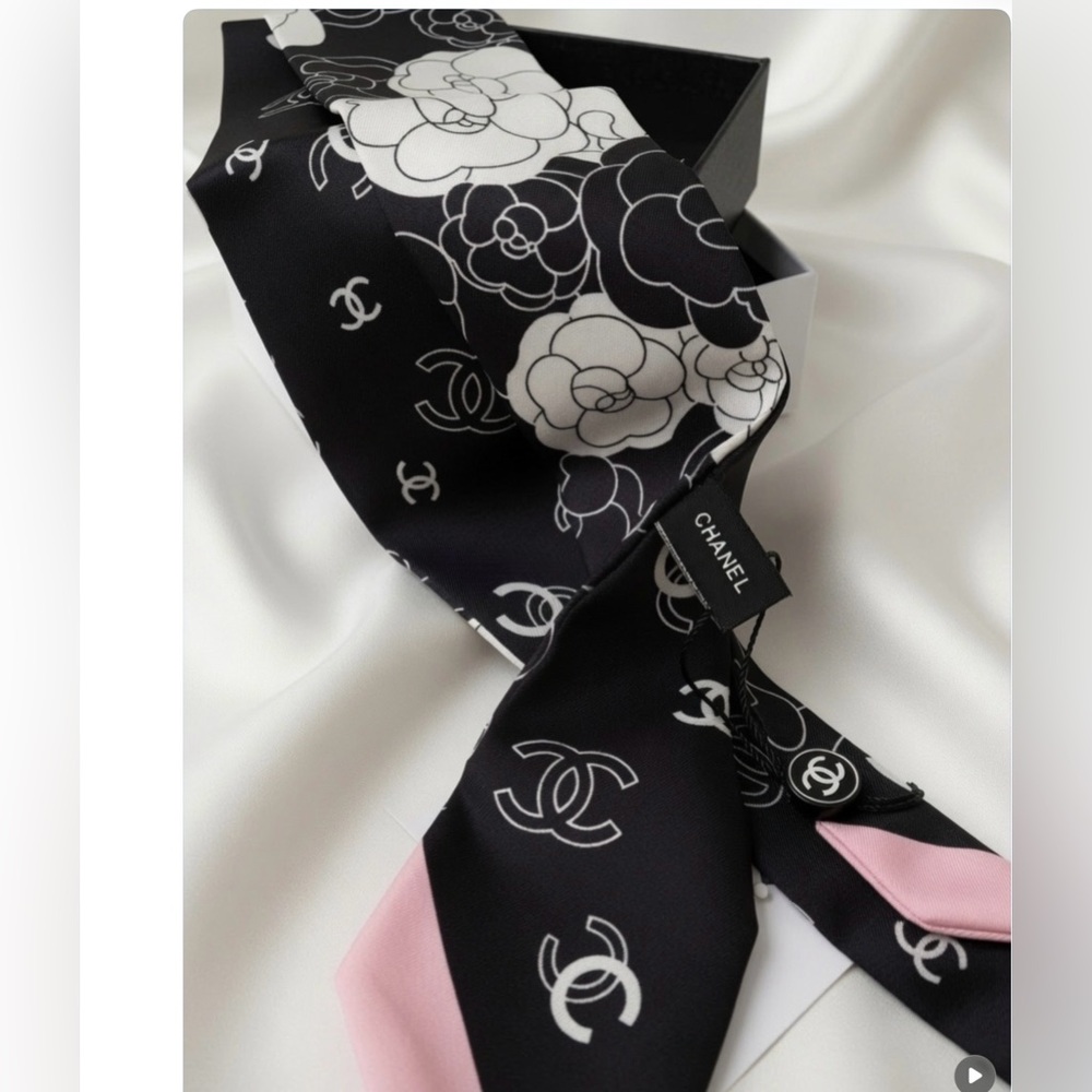 CHANEL Black, White & Pink Silk Logo Floral Twilly Scarf